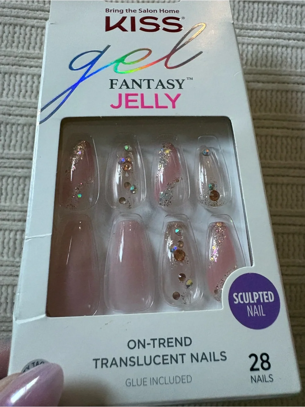 Kiss Gel Fantasy Jelly Translucent Pink Sculpted Press-On Nails with Gems